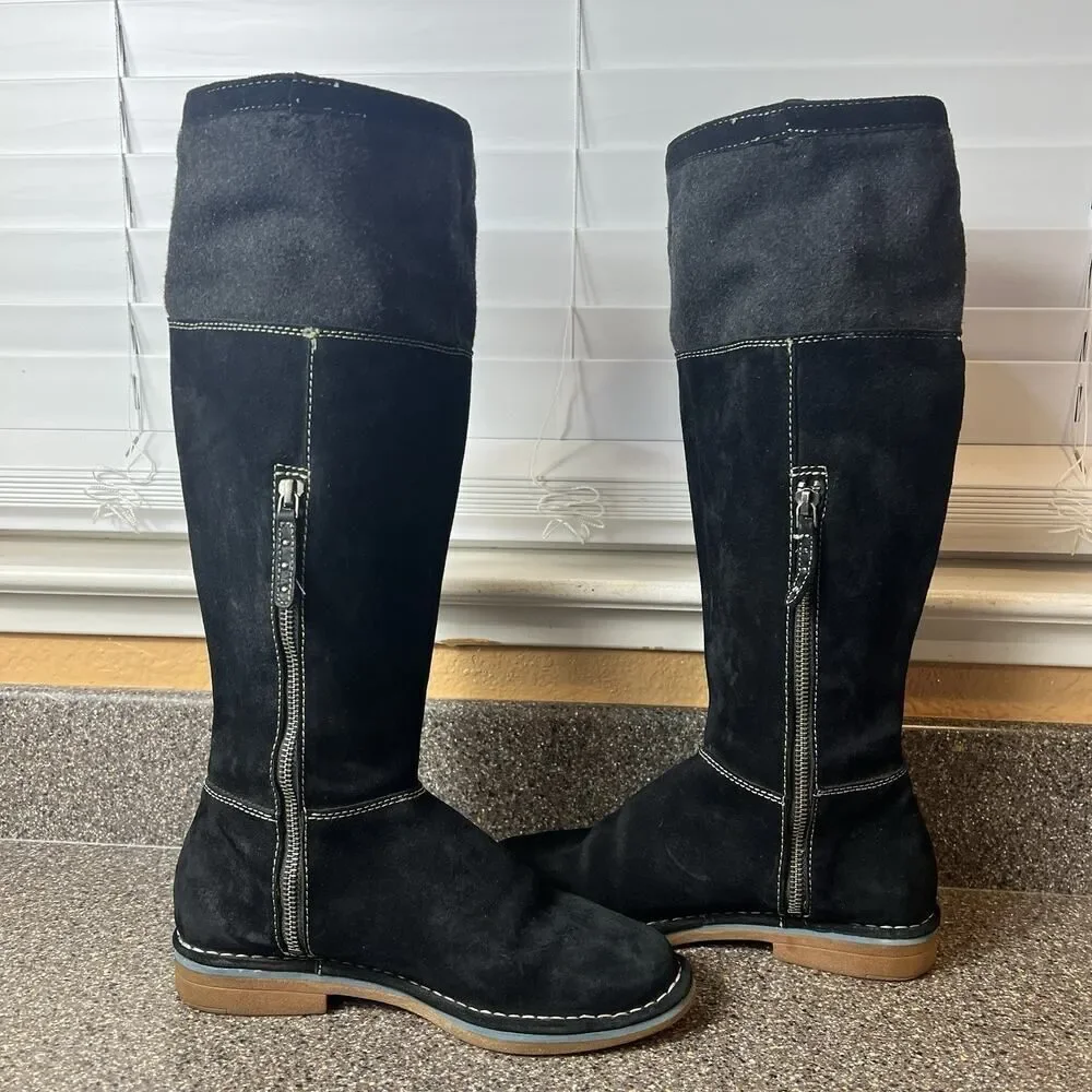 Hush Puppies Suede Zip Knee High Boots Moccasin Style Black Womens Size 7 M Flat